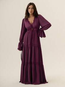 Willow Rêve Dark Purple V-Neck Lace Trim Chiffon Flowy Long Maxi Dress, Elegant Vacation Holiday Boho Style - Burgundy - View 3