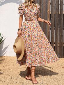LUNE Vestido de verano de mujer con mangas de pétalos fruncidos, cintura ceñida y estampado floral vintage - Multicolor 2 - Ver 3