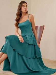 BELROSIE Sexy French Elegant Layered Hem Spaghetti Strap Dress, Plunging Neckline Backless Sleeveless - Blue - View 2