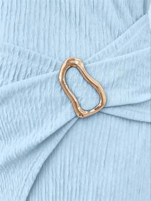 Elenzga Plus Size Solid Color Short Sleeve Dress With Thigh-High Slit And Metal Decor - Baby Blue - View 4