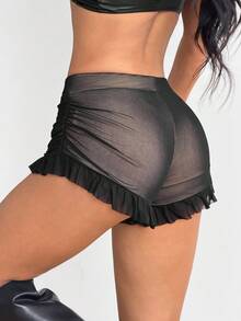 SHEIN ICON Women's Solid Color Ruffle Hem Fashionable Shorts - Black - View 1