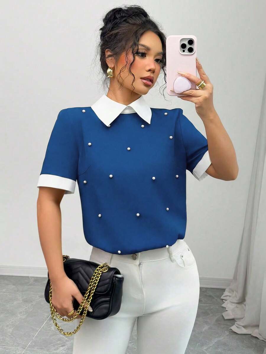 Elenzga 女款拼色珠飾領短袖襯衫，春夏教師節辦公穿搭，藍白條紋優雅風 - 寶藍色 - 查看 1