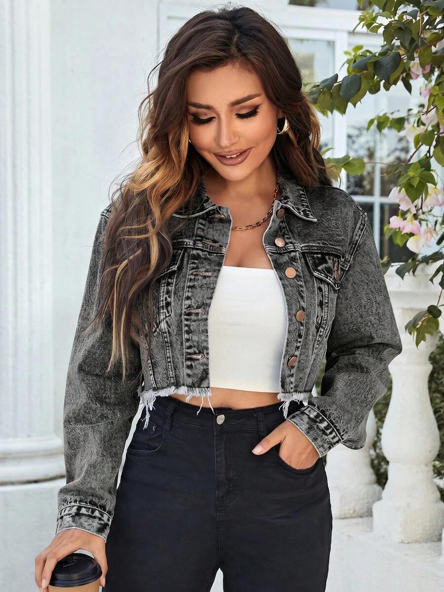 EMERY ROSE Áo khoác denim nữ tay dài cài một hàng khuy, đính ngọc trai, kiểu dáng thường ngày - Xám - Xem 1