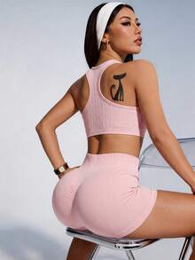SHEIN Bộ 2 món đồ thể thao cơ bản, thấm hút mồ hôi, không đường may, thiết kế nâng đỡ, màu hồng nhạt, thích hợp cho tập thể dục/yoga. - Nhiều màu - Xem 2