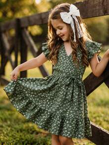 Emery Rose Kids Emery Rose Kids Váy thường ngày cổ chữ V họa tiết hoa nhí cho bé gái - màu xanh lá - Xem 2