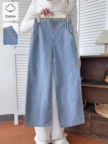 SHEIN Jeans casuales de corte relajado con lavado claro y bordado de moño lindo para niñas, versátiles y de moda para uso diario - Lavado ligero - Ver 2