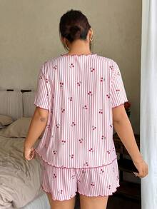 Napfluff CURVE Napfluff CURVE Plus Size Women's Round Neck Ruffle Trim Pink Striped Cherry Print Rib Knit Short Sleeve Top And Shorts, Romantic Sleepwear 2-Piece Set For Daily Wear - Pink - View 2