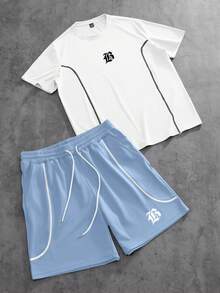 PAVTROS Men's Letter Print Round Neck Short Sleeve T-Shirt And Drawstring Waist Shorts Casual Set - Multicolor - View 3