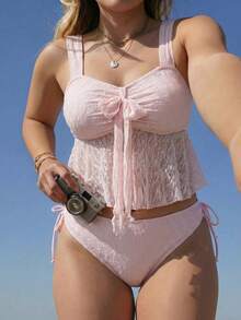 Swim Mod Setelan Wanita Ukuran Besar 2 Potong Bahan Bertekstur, Celana Panjang Tali Bahu Tipis, Tankini untuk Liburan Pantai, Warna Pink, Musim Panas, Motif Bajak Laut - Berwarna merah muda - View 3