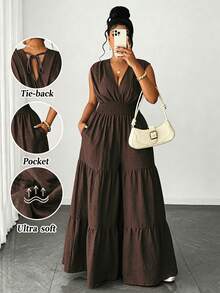 Maweii Bộ jumpsuit nữ cỡ lớn thanh lịch, chất liệu giả denim, thiết kế xếp ly chéo eo có dây rút, nơ sau lưng, viền bèo nhiều lớp, kiểu dáng đa năng, phù hợp cho tiệc tùng, hẹn hò, những dịp lãng mạn, dạo phố thời trang, kỳ nghỉ, bãi biển, lễ hội âm nhạc, phong cách thời trang. - màu nâu - Xem 3