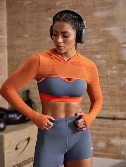 Powerista Áo nỉ thể thao nữ dáng ngắn, màu trơn, có mũ, chất liệu mỏng nhẹ.