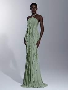 Elitara Elegant Green High-Stretch Knit Mesh Metal Decor Tie Neck Multilayer Ruffle Jellyfish Tail Evening Gown,Women's Dress For Wedding,Party & Vacation - Grass Green - View 1