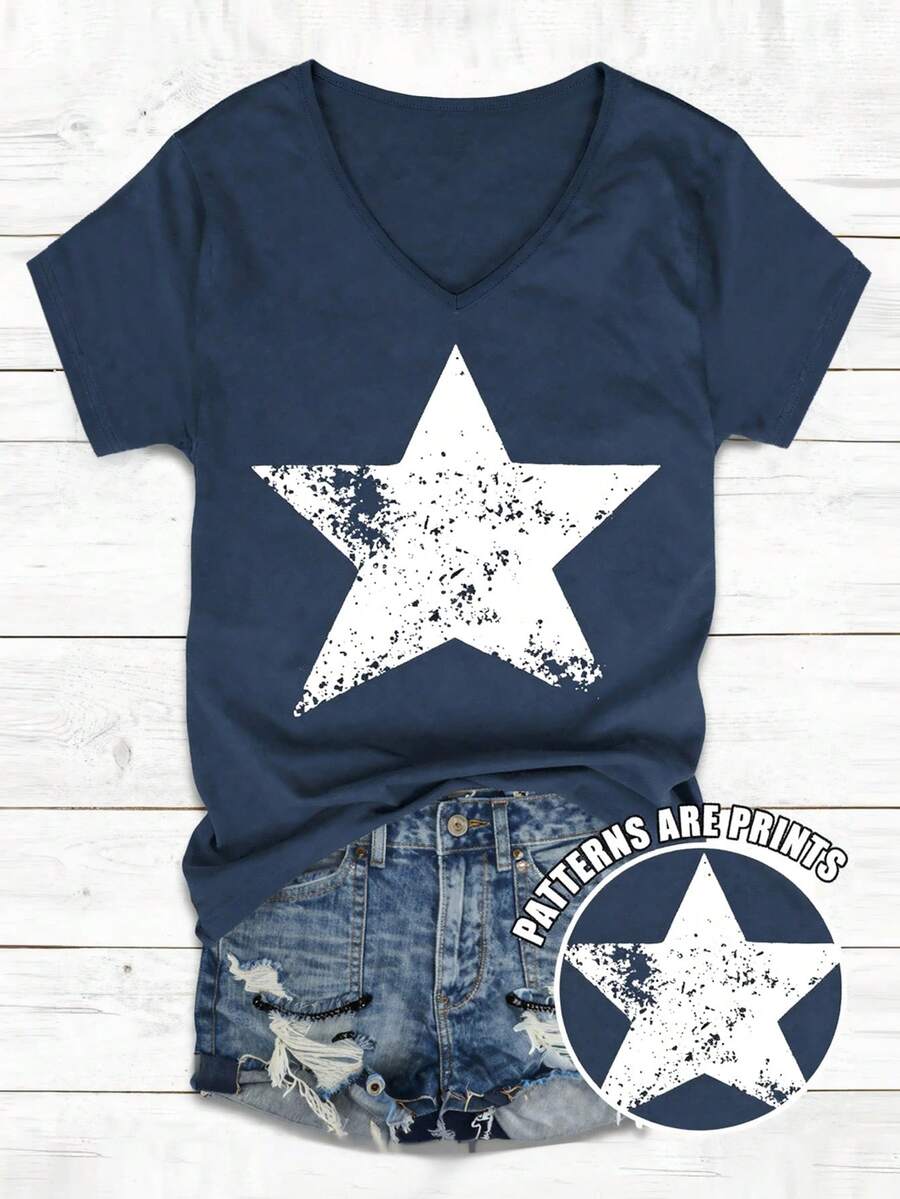 INAWLY Blusa de mujer talla grande con cuello en V y estampado de estrellas, blusa casual cómoda de manga corta con cuello en V, adecuada para uso casual diario - Azul Marino - Ver 1