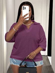 Slaydiva Loose Fit Solid White V-Neck Drop Shoulder Casual Vacation Hollow-Out Knit Plus Size T-Shirt Top For Women, Spring/Summer - Purple - View 6