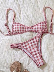 Swim Mod Plaid Sweetheart Neck Bikini, High Waist Bottom 2 Pieces Swimwear - Multicolor - View 2