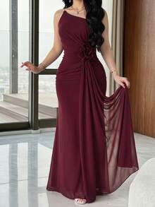 Feyla Women's Summer Solid Color 3D Floral Asymmetric Neckline Tube Dress - Burgundy - View 2