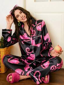 Chillnights 女士撞色豹纹缎面睡袍睡衣套装 - 黑色 - 查看 3
