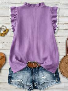 Linhara Plus Size Women Floral Print V-Neck Cap Sleeve Blouse - Purple - View 2