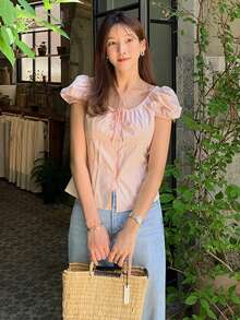 DAZY Women/Girls' Korean Style Tie-Up Short Sleeve Blouse, Spring/Summer Petite - Pink - View 6