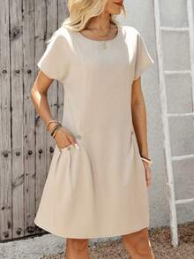 2026 New vestidos casual  Vestido casual de verano con media cremallera, botones decorativos y bolsillos dobles, vestidos de colores pastel para mujer - Caqui - Ver 3