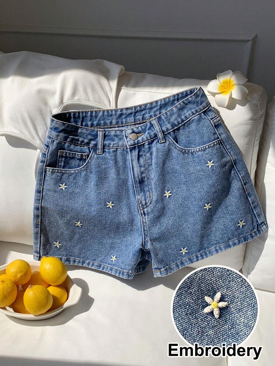Comfortcana Quần short denim nữ kiểu dáng thường ngày, thêu hoa, thích hợp cho mùa hè. - Rửa trung bình - Xem 1