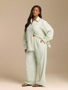 FASHION SZN Plus Size Womens Drawstring Waist Wide Leg Striped Trousers Summer Casual Holiday Vacation Chic Cute Comfort Fall - Green - View 3