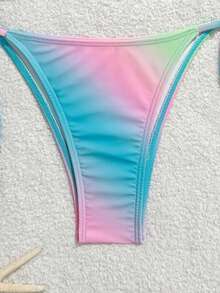 Swim Mod 刺繡夏季新款綁帶掛脖式女款比基尼泳衣 漸層花卉綴珠三角式兩件式泳裝 海灘度假泳衣 - 粉色 - 查看 4