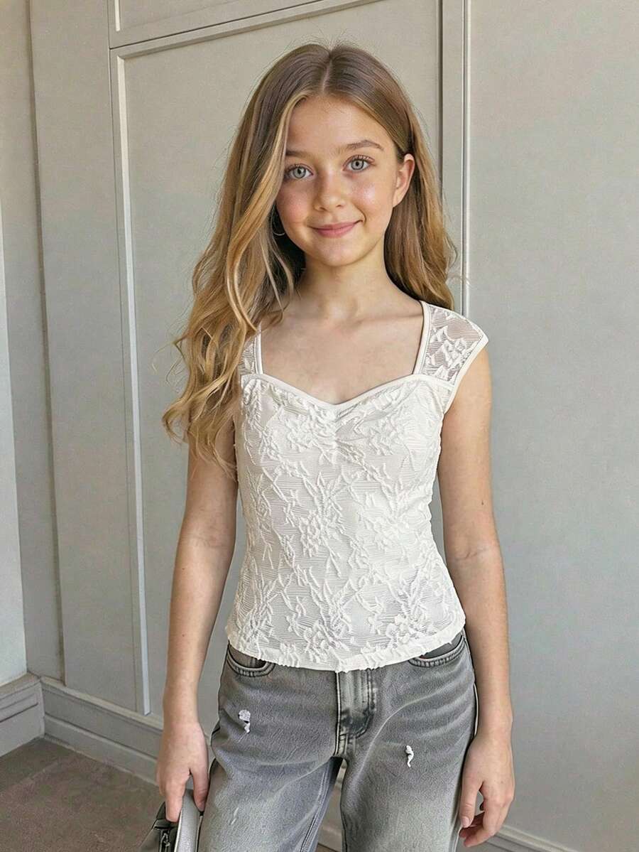 SHEIN Top de tirantes de encaje informal para niña preadolescente - Blanco - Ver 1