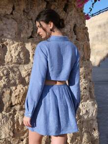 CasuGlow Pastal Linen Two Pieces Set – Button-Up Shirt And Pleated Mini Skirt Golf Summer Sexy - Blue - View 7