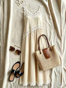 Breezaya Women's Elegant French-Style Beige White Lace Camisole Summer Dress,V-Neck Waist Splicing Satin Glossy Fabric,Tea Party Holiday Vacation Gown - Apricot - View 1
