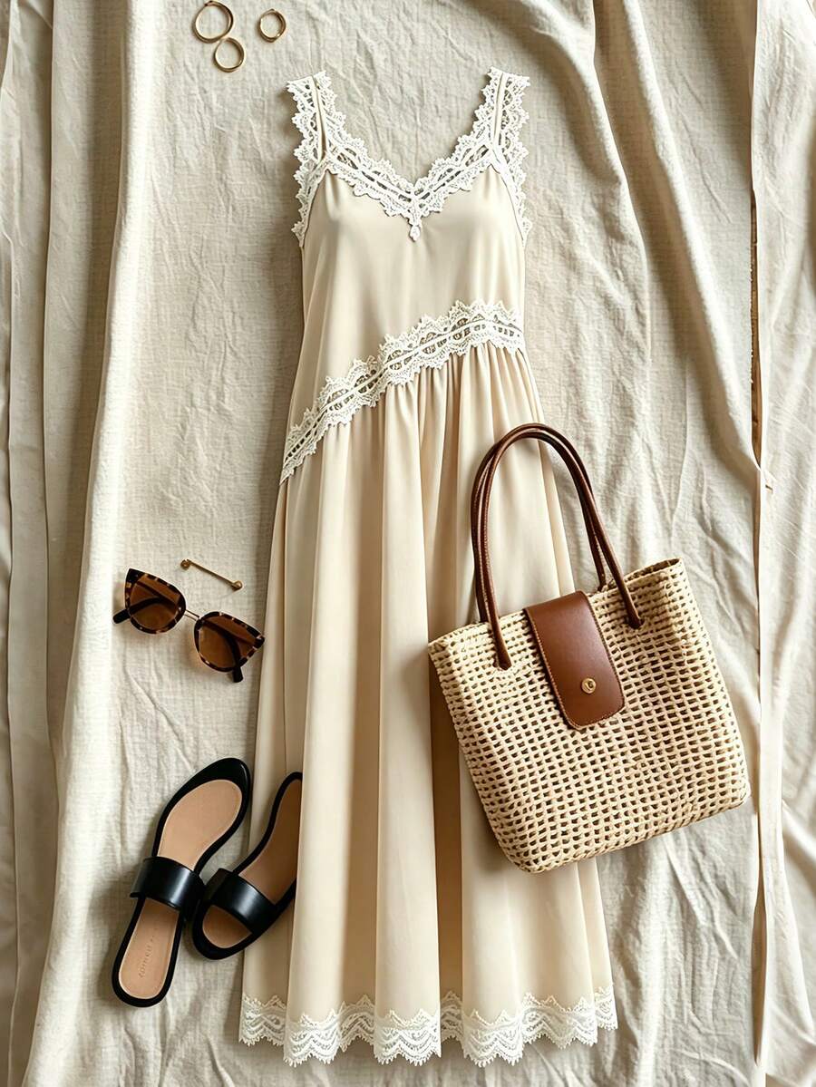 Breezaya Women's Elegant French-Style Beige White Lace Camisole Summer Dress,V-Neck Waist Splicing Satin Glossy Fabric,Tea Party Holiday Vacation Gown - Apricot - View 1