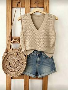 SHEIN Franclia Women's Casual Summer Back-To-School Beige Knitted Top,V-Neck Sleeveless Openwork Wool Fitted Style, Beach School Outfits,Spring Commuting Outfits - Khaki - View 3