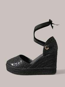 Styleloop Zapatos de cuña con suela gruesa y estampado de leopardo, versátiles y de moda para el transporte diario - Negro - Ver 3
