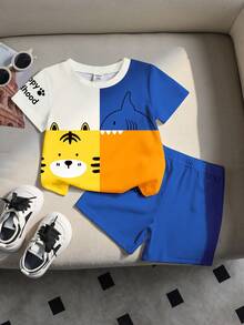 1 Random Set,  Boys Casual Cute Cartoon Animal Pattern Patchwork Blue Contrast Color Crew Neck T-Shirt And Shorts Printed Pattern Set, - Multicolor - View 2