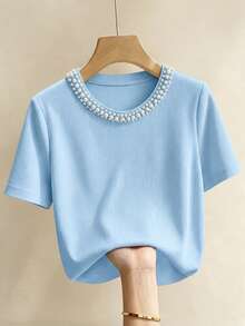 Franclia Elegant Fitted Round Neck Beaded Ribbed Short Sleeve T-Shirt For Women - Blue - View 3