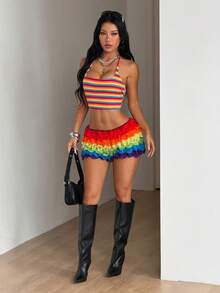 SHEIN ICON Quần short nữ cạp thấp nhiều lớp xếp ly, kiểu dáng Y2K, thích hợp cho các buổi hòa nhạc hoặc đi chơi đêm. - Nhiều màu - Xem 5