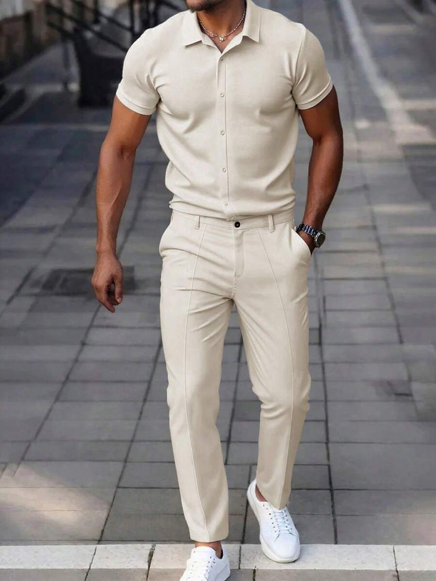 Manfinity Homme Men's Solid Color Regular-Shoulder Short Sleeve Front Button Casual Daily Beige Shirt & Pants Set, Formal - Apricot - View 1