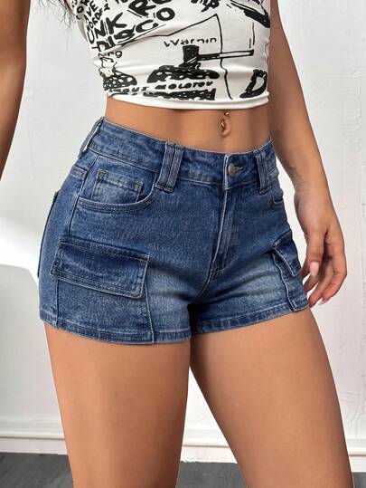 SHEIN PETITE Quần short denim siêu ngắn bó sát, cạp thấp, gợi cảm dành cho nữ, màu xanh dương
