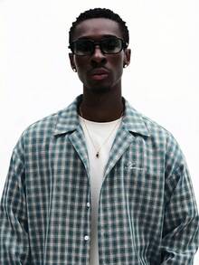 SUMWON Vintage Inspired Oversized Plaid Check Button Down Shirt Script Logo Embroidery Raw Hem Detail - Blue - View 3