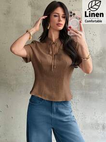 Firerie Áo sơ mi nữ thanh lịch tối giản mặc thường ngày đi làm đi chơi đi biển, màu linen vân tre cổ đứng nhỏ tay ngắn dáng ôm, áo blouse nữ xuân/hè - Cà phê nâu - Xem 7