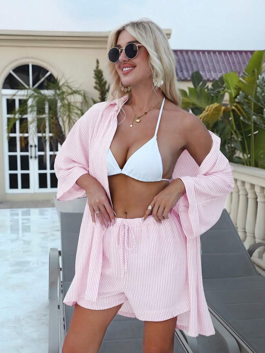 Swim Vcay Áo khoác kimono dáng rộng kẻ sọc, kiểu dáng thường ngày đi biển, thích hợp cho lễ hội âm nhạc, mùa xuân/hè. - Hồng - Xem 1