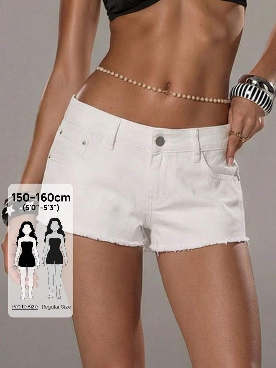 Jeanoix Petite Shorts vaqueros de mujer casuales para uso diario y desplazamientos, color liso simple con bajo deshilachado, sin cinturón de lunares, para mujeres de talla pequeña