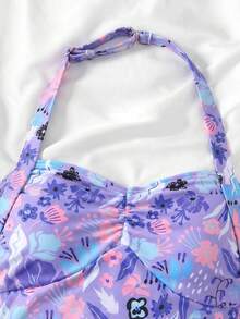 SHEIN Tween Girls' Casual Beach Vacation Strapless Ruched Lily Floral Black Background One-Piece Swimsuit, Spring/Summer - Purple - View 3