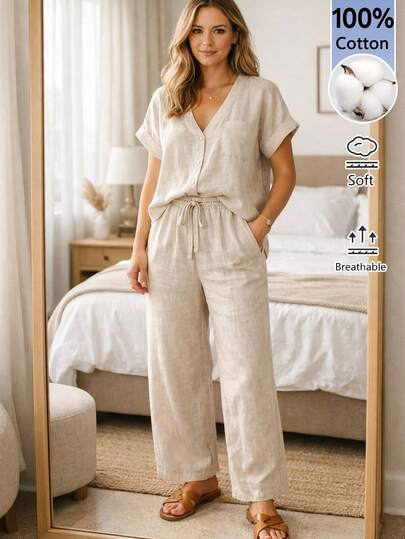 EMERY ROSE Conjunto de 2 piezas de camisa de manga corta con cuello en V de unicolor minimalista y pantalones largos con cordón en la cintura, para mujer, casual, vacaciones, diario, viajes, primavera/verano/otoño