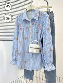 Lacomfia Embroidered Striped Fabric Long Sleeve Fitted Regular Shirt, Plus Size, Spring/Autumn - Multicolor - View 1