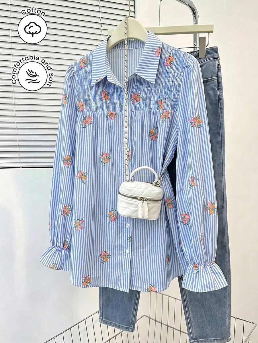 Lacomfia Embroidered Striped Fabric Long Sleeve Fitted Regular Shirt, Plus Size, Spring/Autumn - Multicolor - View 1