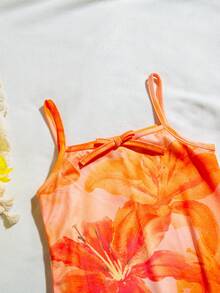 SHEIN Đầm hai dây in hoa, ôm dáng, thoải mái, thích hợp cho bé gái đi nghỉ mát mùa hè ở bãi biển, chất liệu mềm mại và dễ chịu, phong cách bohemian, phù hợp cho lễ hội âm nhạc. - trái cam - Xem 9
