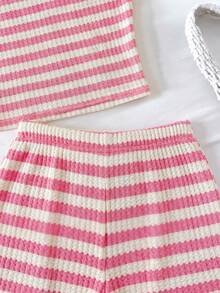 SHEIN Tween Girl Casual Comfortable Round Neck Sleeveless Starfish Decor Striped Tank Top And Shorts 2-Piece Set - Pink - View 7