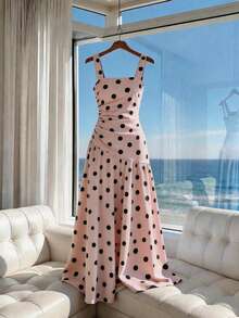 SHEIN Elenzya Đầm công sở thanh lịch kiểu Bohemian màu mơ chấm bi lớn, không tay, cổ chữ U xếp ly bất đối xứng, thích hợp cho phụ nữ đi nghỉ mát. - Hồng - Xem 1