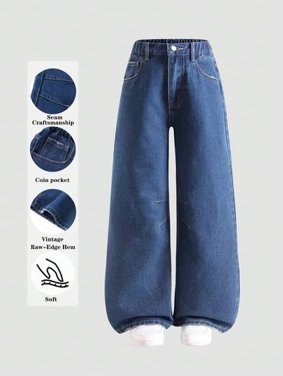 Girls & Teens' Casual All-Match Comfortable Elegant Fresh Versatile Wide Leg Loose Fit Classic Blue Denim Jeans